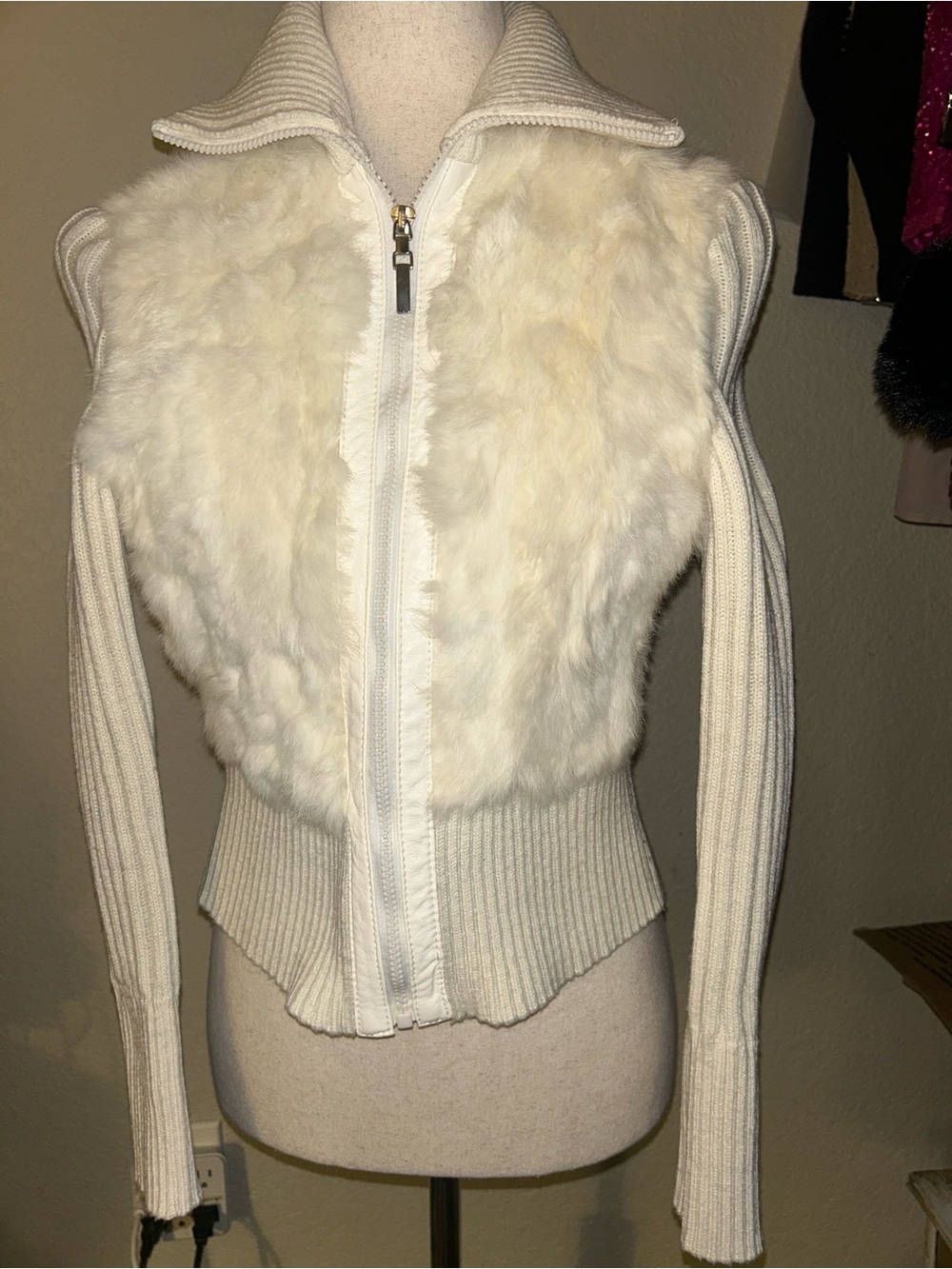 Women's White Vintage Genuine Fur Zip-Front Sweater Jacket